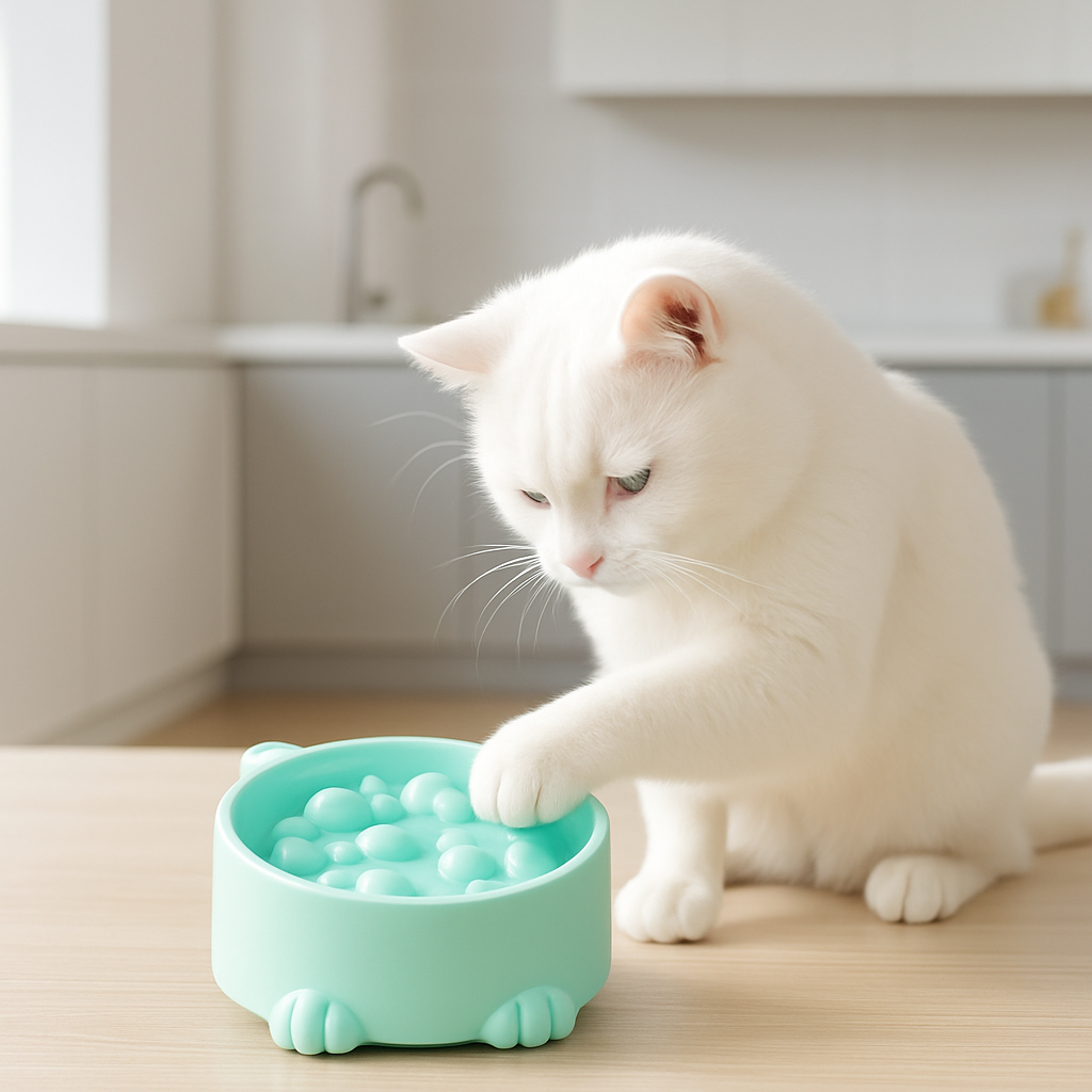 Chat à coté gamelle anti glouton chat verte