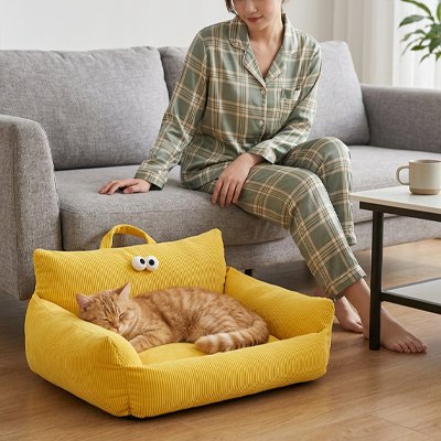 Panier Chat coloris jaune en matière côtelé près d' un sofa