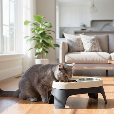 Chat mangeant gamelle Chat surélevée double