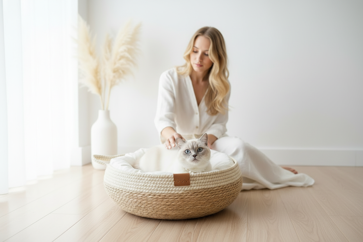 chat dans un panier osier chat crème