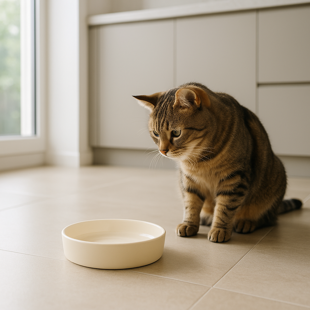 chat regardant gamelle pour chat anti glouton beige