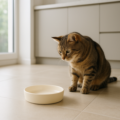 chat regardant gamelle pour chat anti glouton beige
