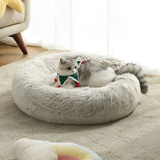 coussin chat peluche gris clair