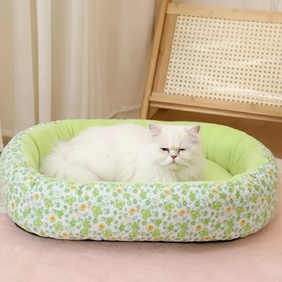 Coussin pour Chat ovale coloris vert menthe avec animal couché à l intérieur