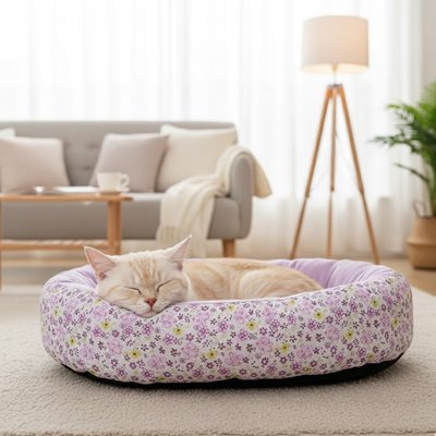 Coussin pour Chat rond moelleux coloris mauve fleuri