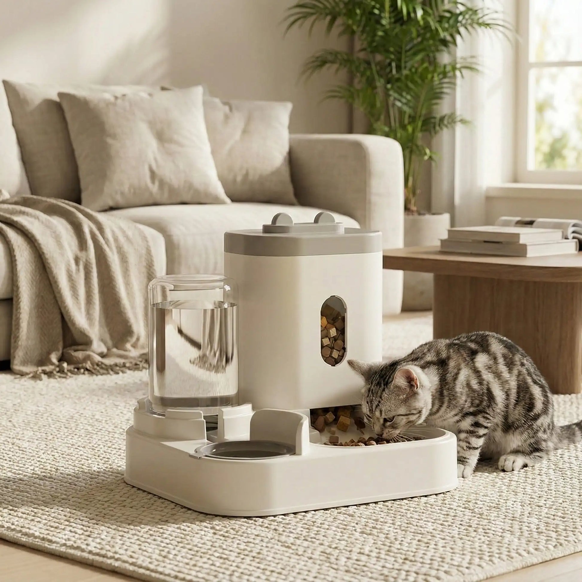 distributeur croquette chat automatique coloris blanc gris