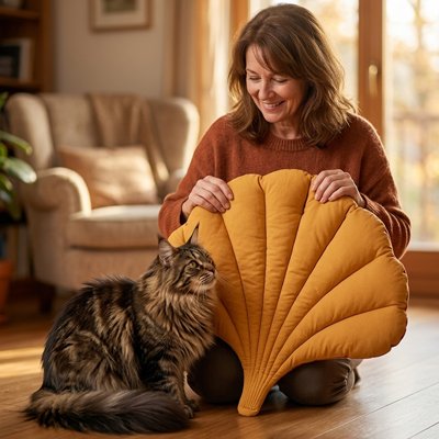 Femme et son chat sur un tapis pour chat en éventail dans un salon cosy