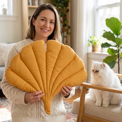 Femme qui tient le tapis pour chat en éventail moutarde pour montrer sa taille