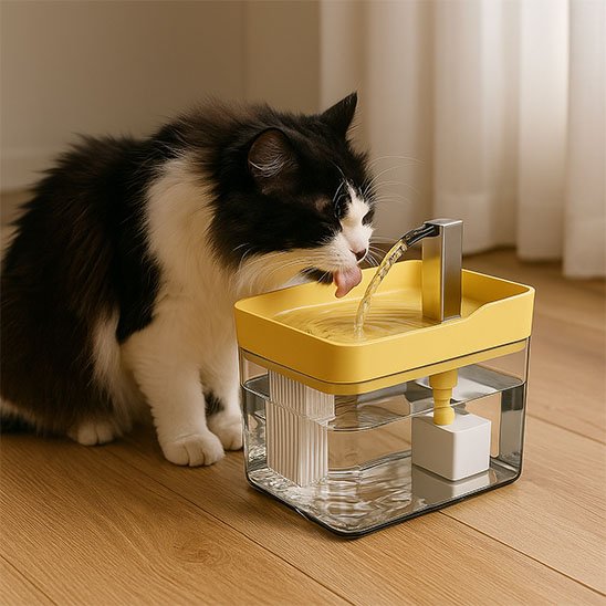 Fontaine eau pour chat design minimaliste jaune et transparent avec filtration automatique débris