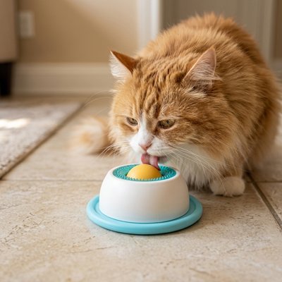Gamelle anti glouton Chat avec base bleue et boule orange, utilisée par un chat roux