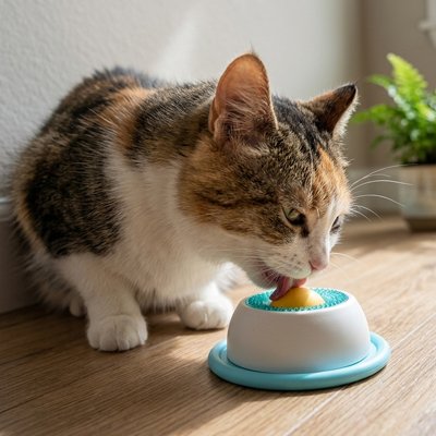 Gamelle anti glouton Chat avec base bleue, utilisée par un chat tigré et blanc