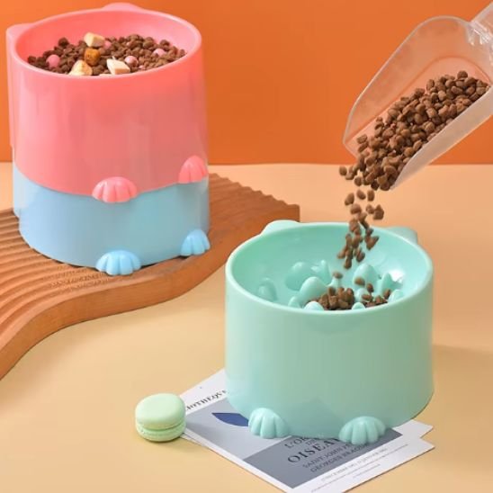 Gamelle anti glouton chat surélevée avec relief poisson bleu