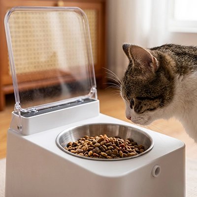 Gamelle automatique Chat avec couvercle transparent ouvert et bol rempli de croquettes