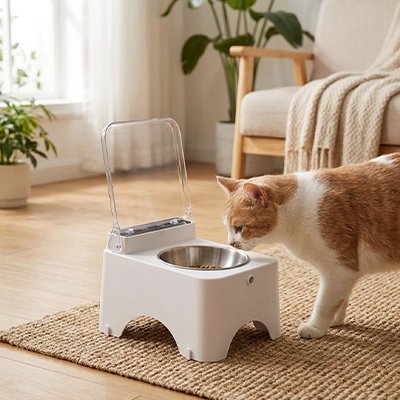 Gamelle automatique Chat blanche avec un chat penché vers le bol, près d’une fenêtre