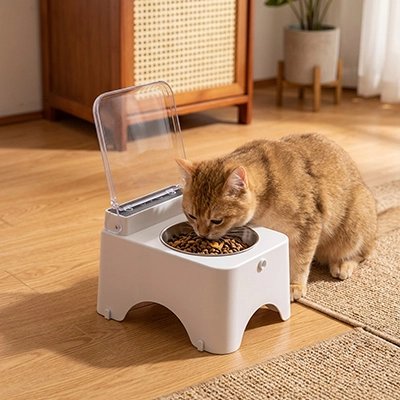 Gamelle automatique Chat blanche surélevée avec un chat mangeant dans le bol