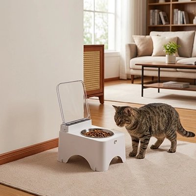 Gamelle automatique Chat surélevée avec un chat à proximité dans un intérieur lumineux