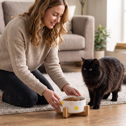 Gamelle Chat céramique avec femme et chat noir à proximité