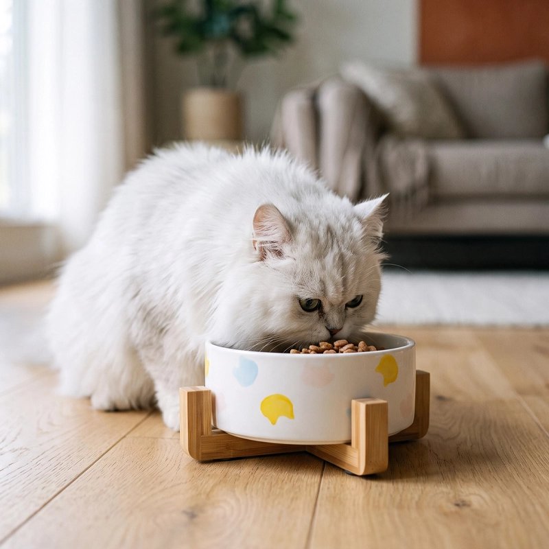 Gamelle Chat céramique avec motif tête de chat sur support surélevé en bambou