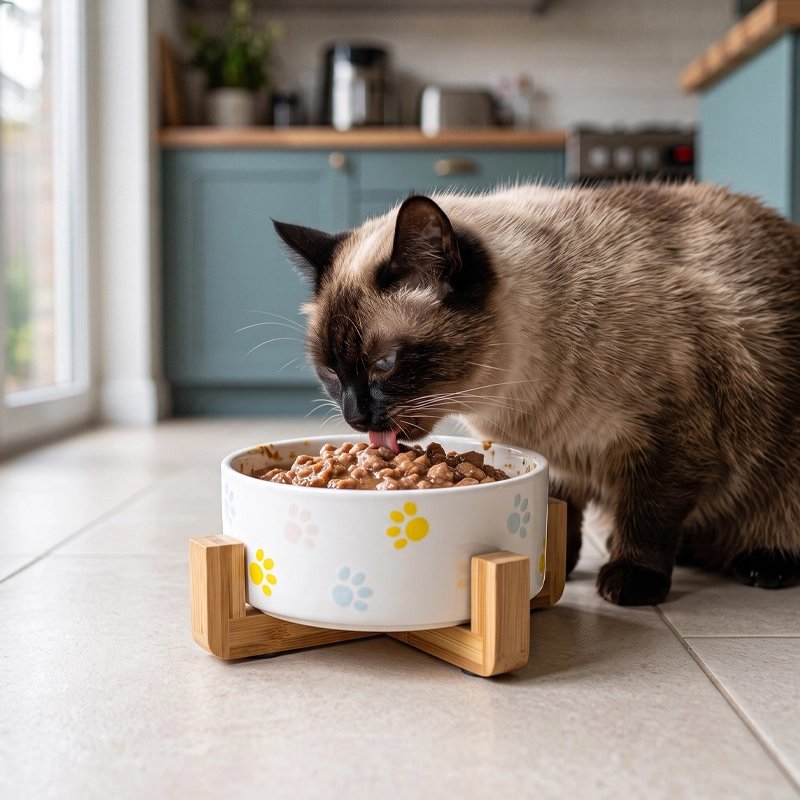 Gamelle Chat céramique sur support en bambou avec un chat devant son repas