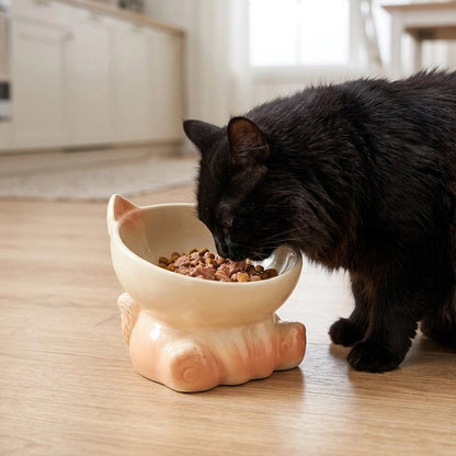 Gamelle Chat couleur crème avec chat noir qui mange