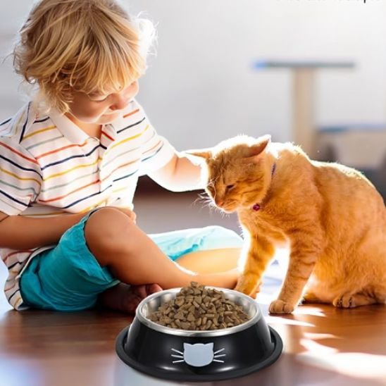 Gamelle chat en acier inoxydable noir avec décoration tête de chat