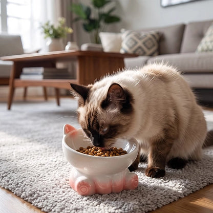 Gamelle Chat en céramique blanche et rose avec animal qui mange