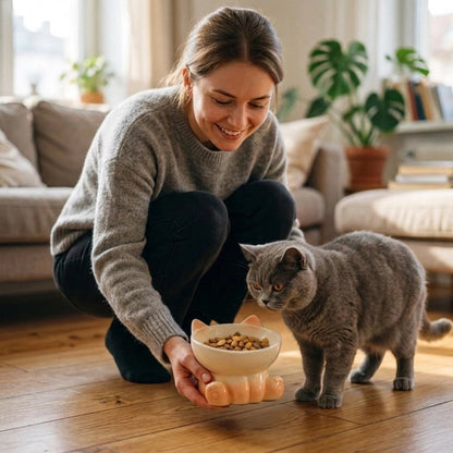 Gamelle Chat en céramique crème avec femme et chat à coté