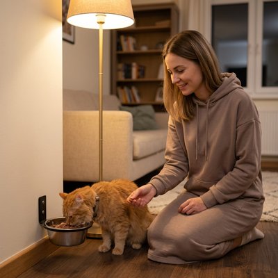 Gamelle Chat murale accroché sur un mur, avec une femme assise à côté