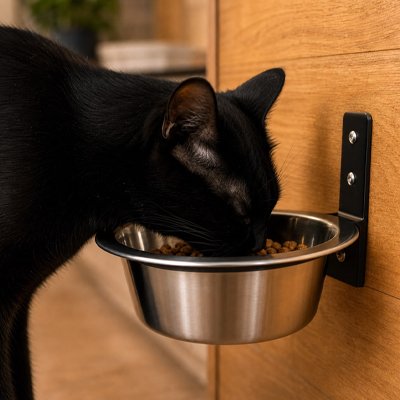 Gamelle Chat murale avec bol en inox et support noir, utilisée par un chat noir