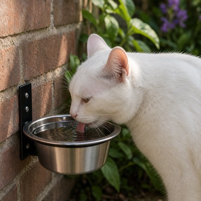 Gamelle Chat murale avec bol en inox, utilisée par un chat blanc à l extérieur