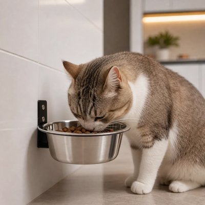Gamelle Chat murale fixée au mur, avec un chat tigré et blanc devant le bol