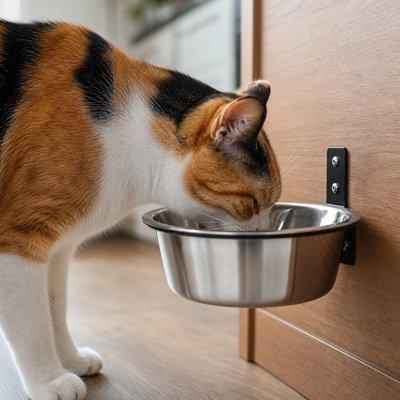Gamelle Chat murale fixée sur une paroi en bois, utilisée par un chat tricolore