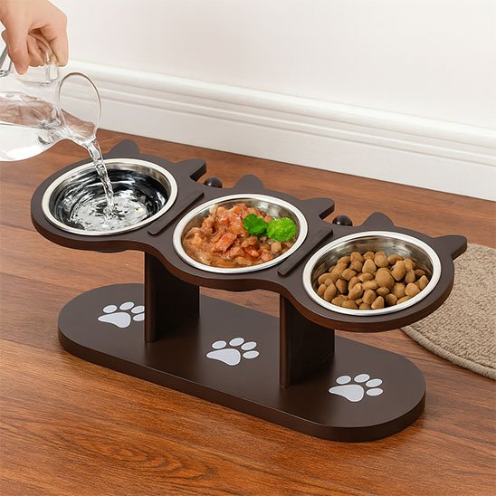 Gamelle Chat surélevée design bois et acier inoxydable pour confort félin