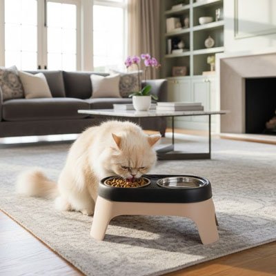 Gamelle Chat surélevée ergonomique double beige - Bols inox amovibles et pieds antidérapants