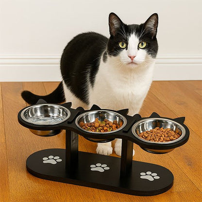 Gamelle Chat surélevée triple en bois avec bols inox et empreintes pattes