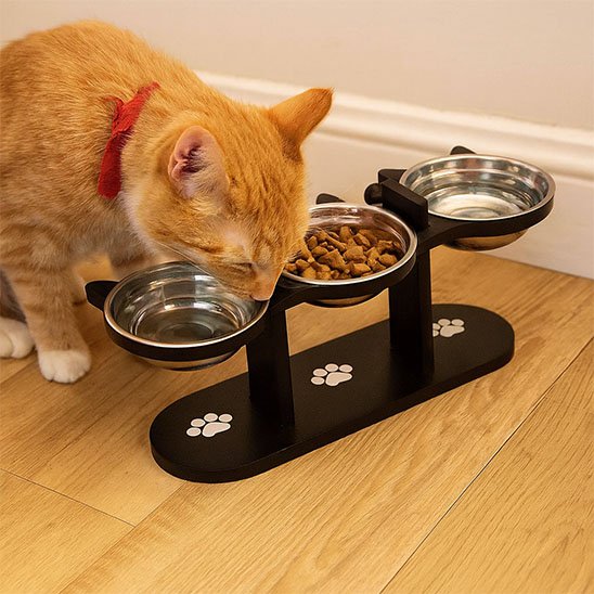 Gamelle Chat surélevée triple inox sur support bois avec décorations pattes