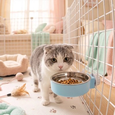 Gamelle Chat suspendue avec bol en inox et un chat gris blanc à proximité