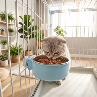 Gamelle chat suspendue bleue avec bol en inox, chat mange près d’une fenêtre 