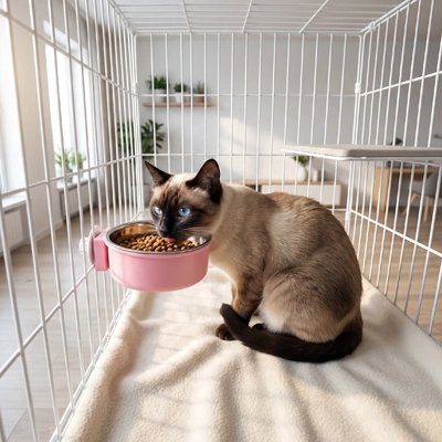 Gamelle Chat suspendue rose fixée aux barreaux, avec un chat qui mange