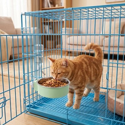 Gamelle Chat suspendue verte avec un chat roux devant le bol 