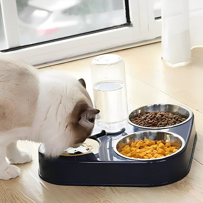 gamelle double chat bleu avec bols inox pour alimentation organisée et hygiénique