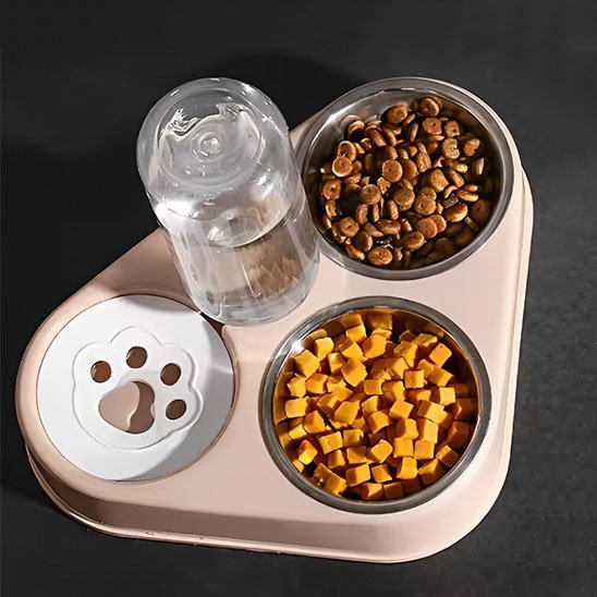 gamelle double chat ergonomique surélevée avec motifs pattes décoratives