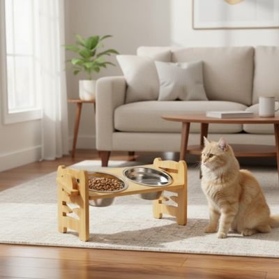 Gamelle pour chat ergonomique réglable 6 hauteurs, bols inox 16cm, bambou naturel"