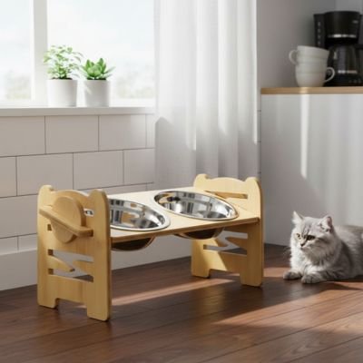 Gamelle pour chat surélevée réglable en bambou avec double bol inox"