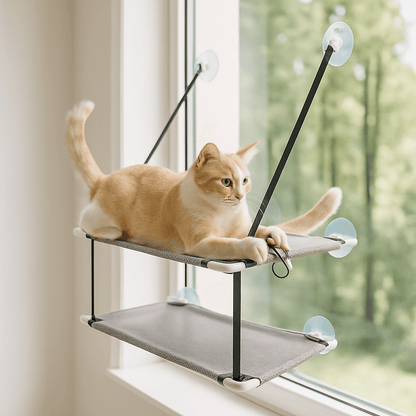 chat regarde exterieur dans hamac chat double