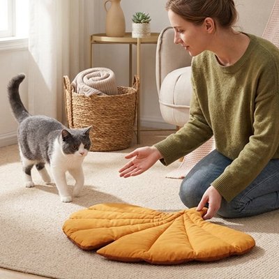 Homme qui installe un tapis pour chat en éventail moutarde au sol, un chat s'approche