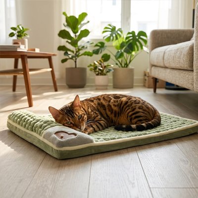 Lit pour Chat matelassé oreiller intégré coloris vert