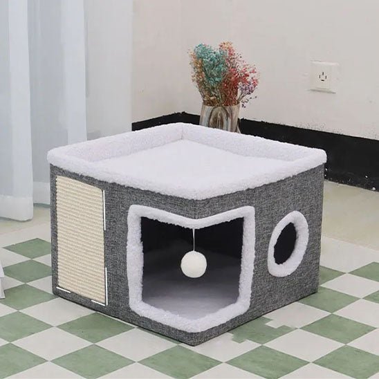 maison pour chat deux ouvertures en coloris gris et blanc