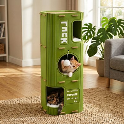 Niche pour Chat grand modèle en feutre rainuré avec trois ouvertures