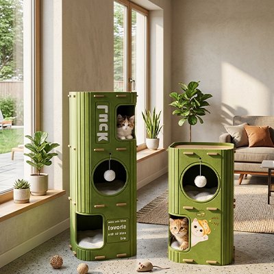 Niche pour Chat modulaire vert olive en feutre avec ouvertures et balle suspendue 